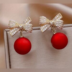 5/20 Elegant Gold and Red Bow Earrings
